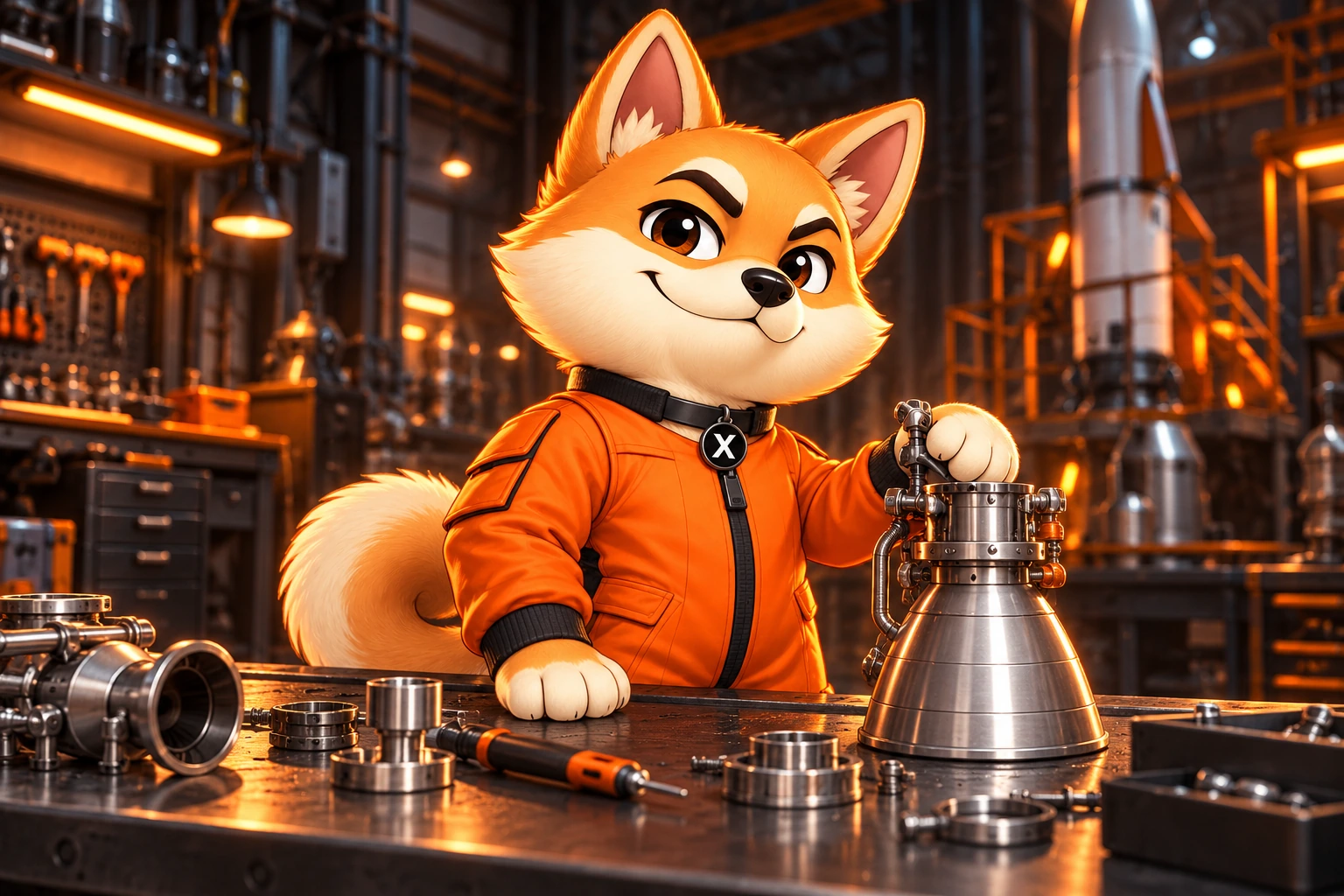 X, $EI’s chief engineer, assembling a rocket engine in his workshop